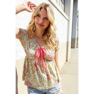 Be Charming Sage Floral Print Elastic Neck Ribbon Bow Tie Top : Large